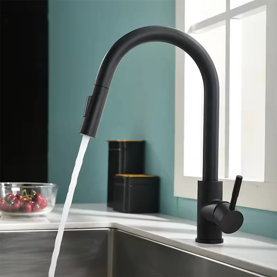 Black Kitchen Faucet Flexible Pull-out 2-mode Nozzle Cold and Hot Mixed Faucet Stainless Steel Faucet