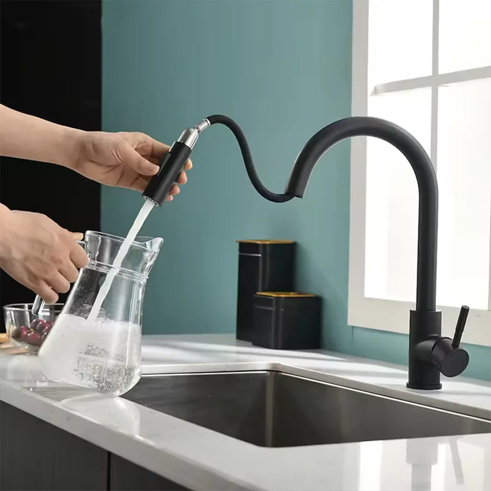 Black Kitchen Faucet Flexible Pull-out 2-mode Nozzle Cold and Hot Mixed Faucet Stainless Steel Faucet