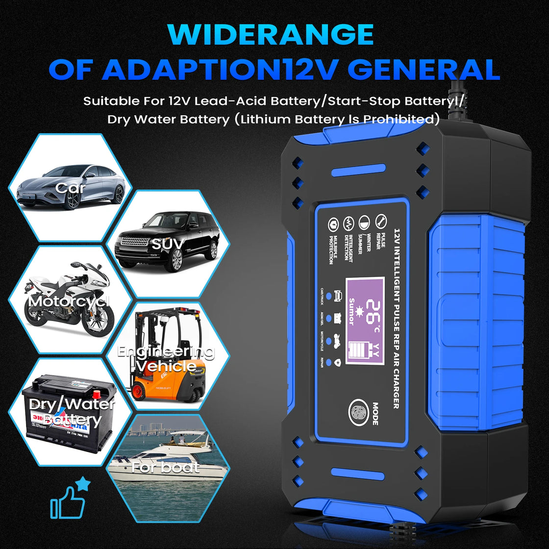 Battery Repair LCD Display 6A 12V Intelligent Car Battery Charger Car and Motorcycle Battery Charging Unit Lead-Acid