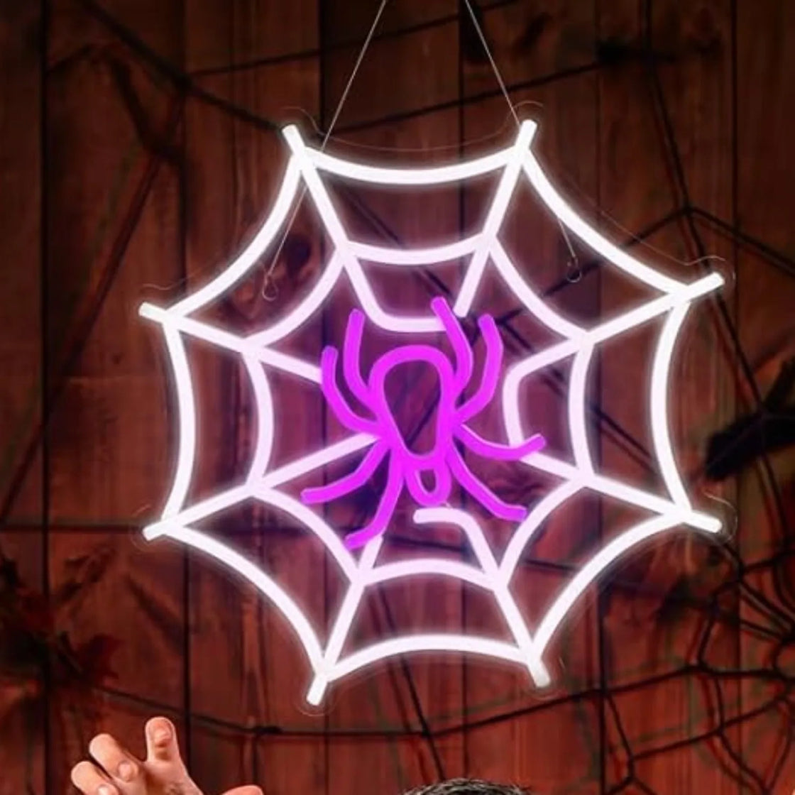 Spider Web Neon Sign Lighted Wall Art Decor Halloween Led Sign Neon Light for Gift Home Bar Salon Window Door Halloween Decor