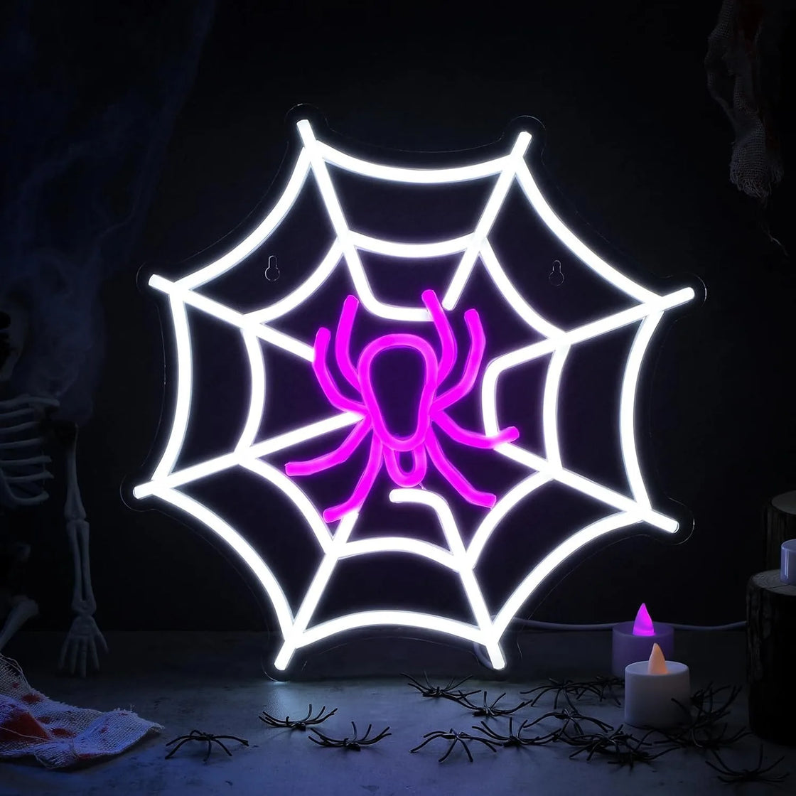 Spider Web Neon Sign Lighted Wall Art Decor Halloween Led Sign Neon Light for Gift Home Bar Salon Window Door Halloween Decor