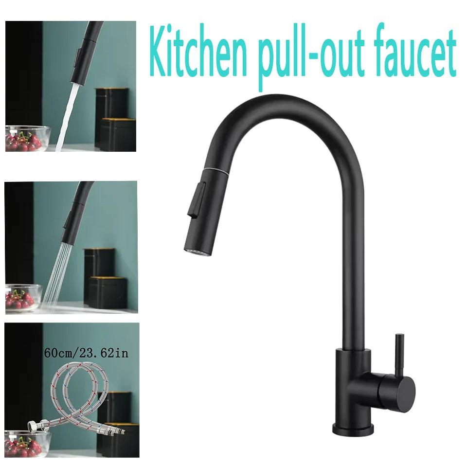 Black Kitchen Faucet Flexible Pull-out 2-mode Nozzle Cold and Hot Mixed Faucet Stainless Steel Faucet