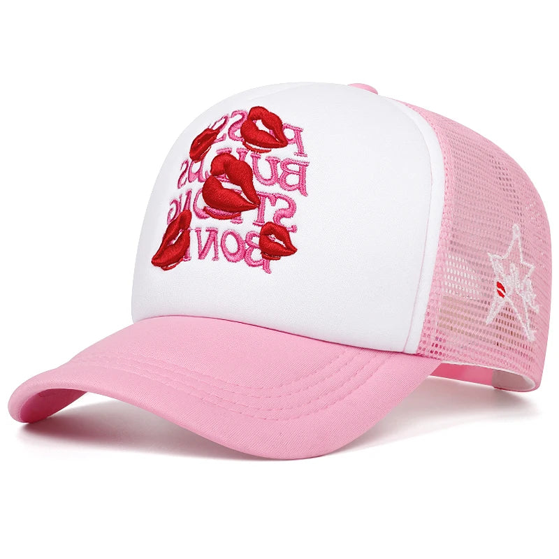 “Lipstick Star” Embroidered Cotton Mesh Hat