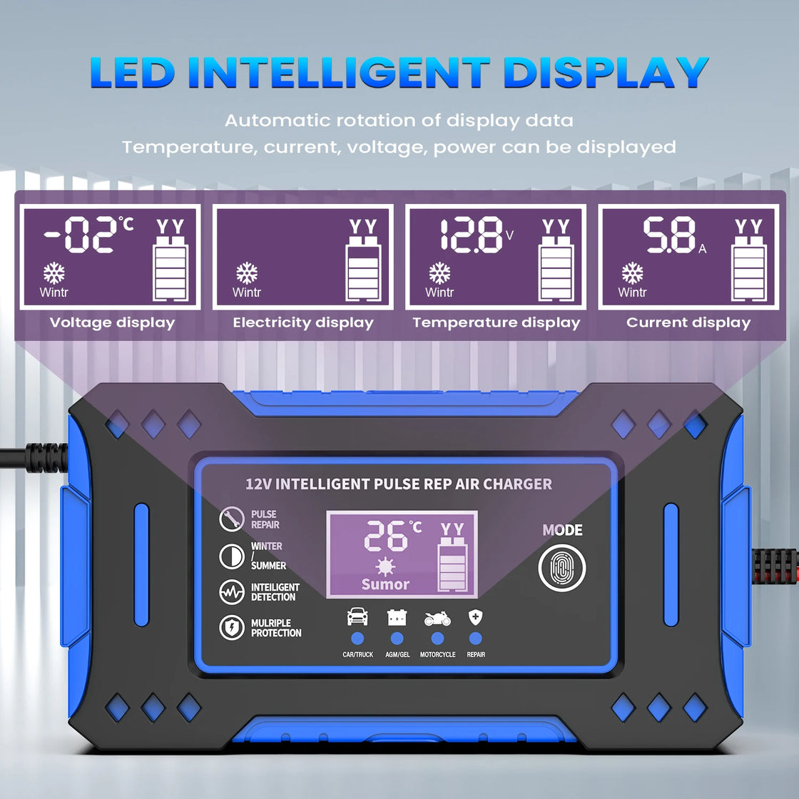 Battery Repair LCD Display 6A 12V Intelligent Car Battery Charger Car and Motorcycle Battery Charging Unit Lead-Acid